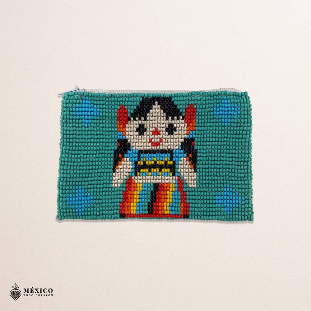 Turquoise Mexican Beaded Maria Doll Coin Purse – Handmade Artisan Zipper Pouch